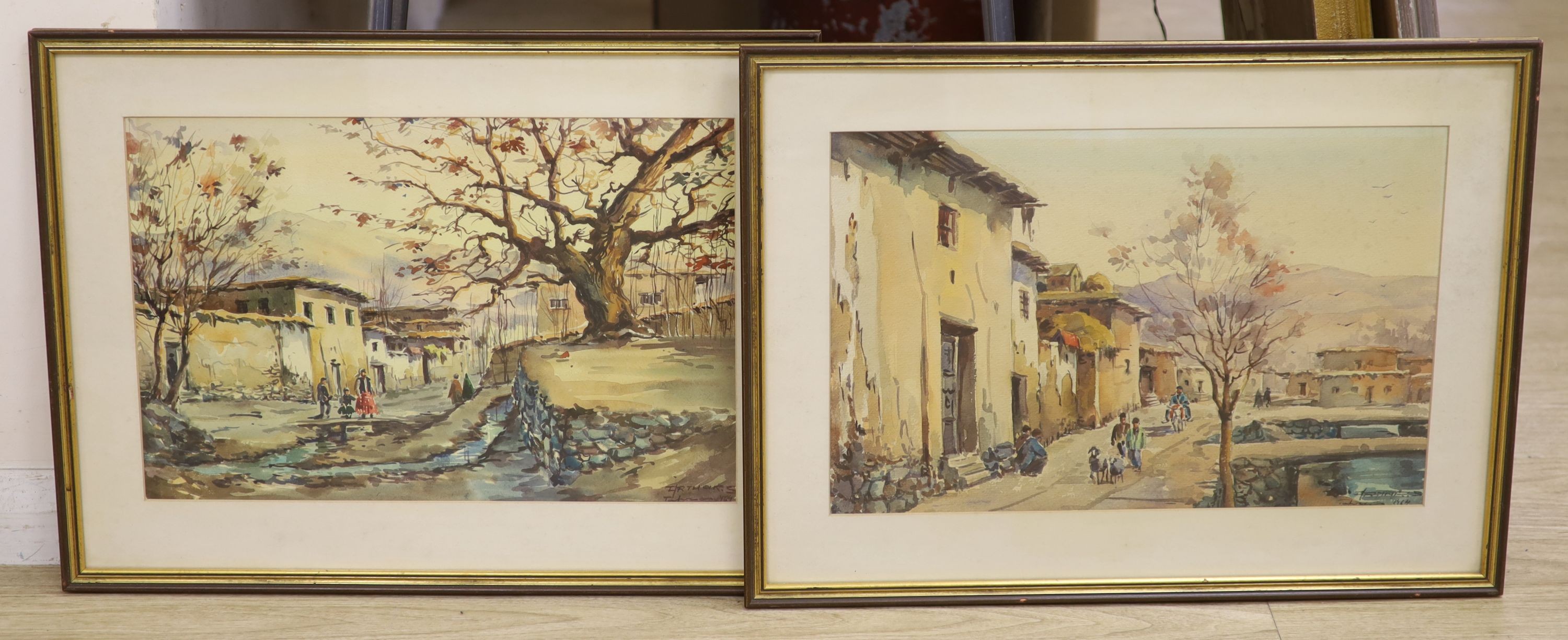 Arthur Sarkinssian (Armenian, 1960)-, pair of watercolours, Tehran street scenes 1964, indistinctly signed, 29 x 44cm